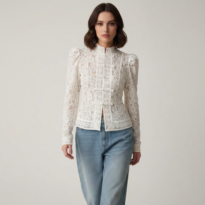 Damen Spitzenbluse Elegante Stehkragen Feminin Weiß