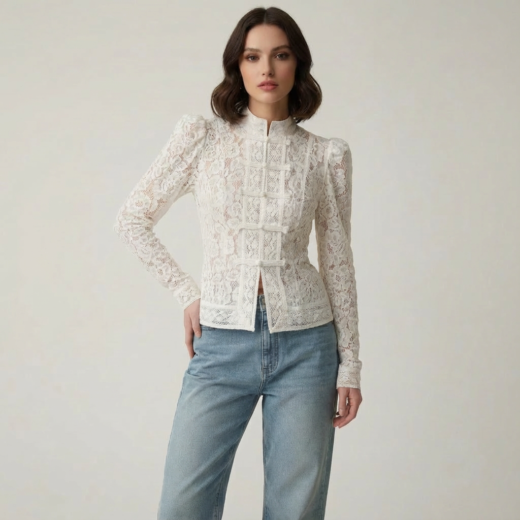 Damen Spitzenbluse Elegante Stehkragen Feminin Weiß