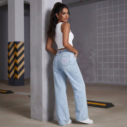 Damen High Waist Jeans Schleifendetail dunkelblau