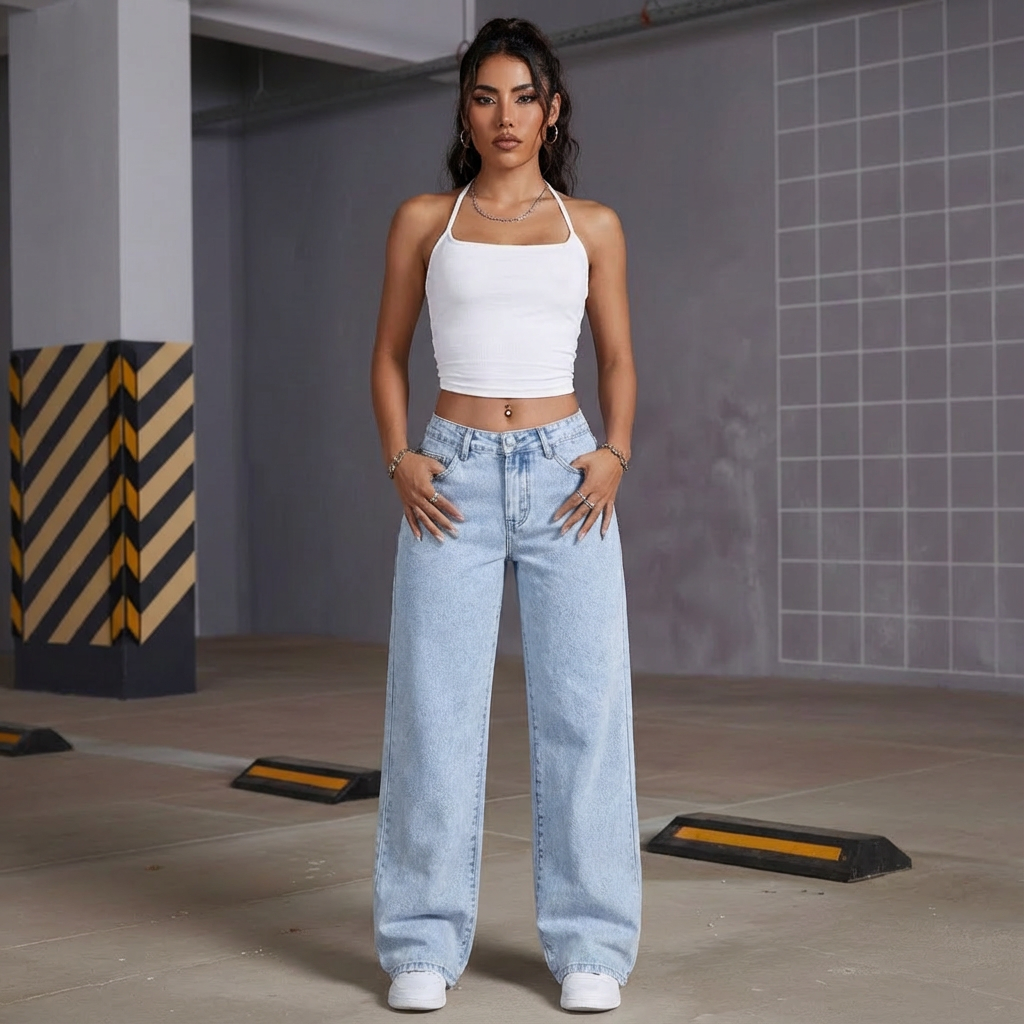 Damen High Waist Jeans Schleifendetail dunkelblau
