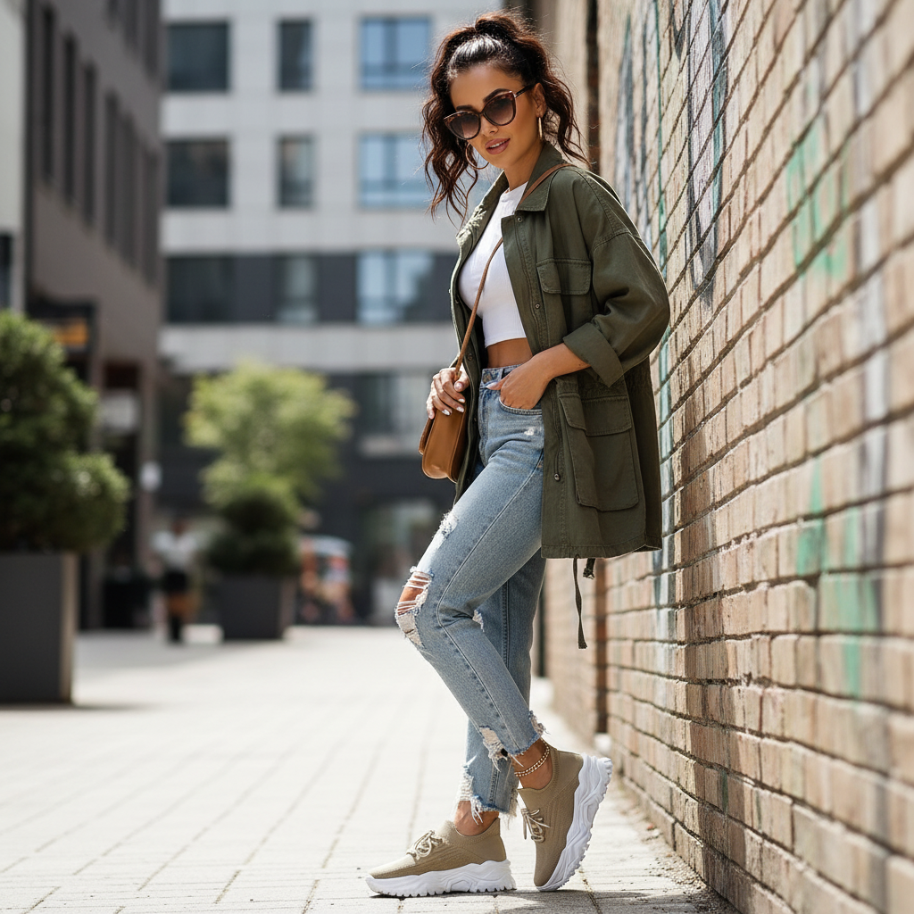 beige Sock Sneaker für Damen mit markanter Profilsohle