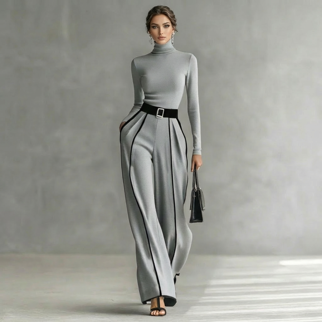 Milou Damen Set Rollkragenoberteil Weite Hose