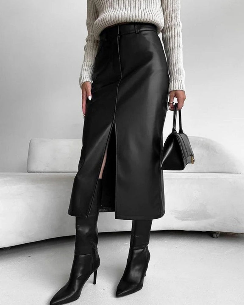 Damen High-Waist Midi-Rock mit Frontschlitz Figurbetonter Alltag