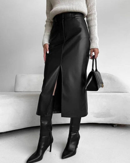 Damen High-Waist Midi-Rock mit Frontschlitz Figurbetonter Alltag