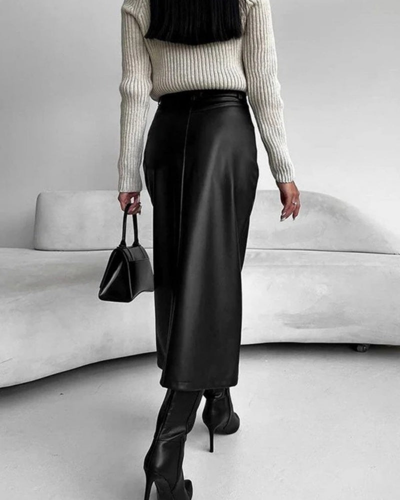 Damen High-Waist Midi-Rock mit Frontschlitz Figurbetonter Alltag
