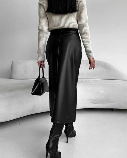 Damen High-Waist Midi-Rock mit Frontschlitz Figurbetonter Alltag
