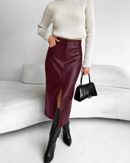 Damen High-Waist Midi-Rock mit Frontschlitz Figurbetonter Alltag