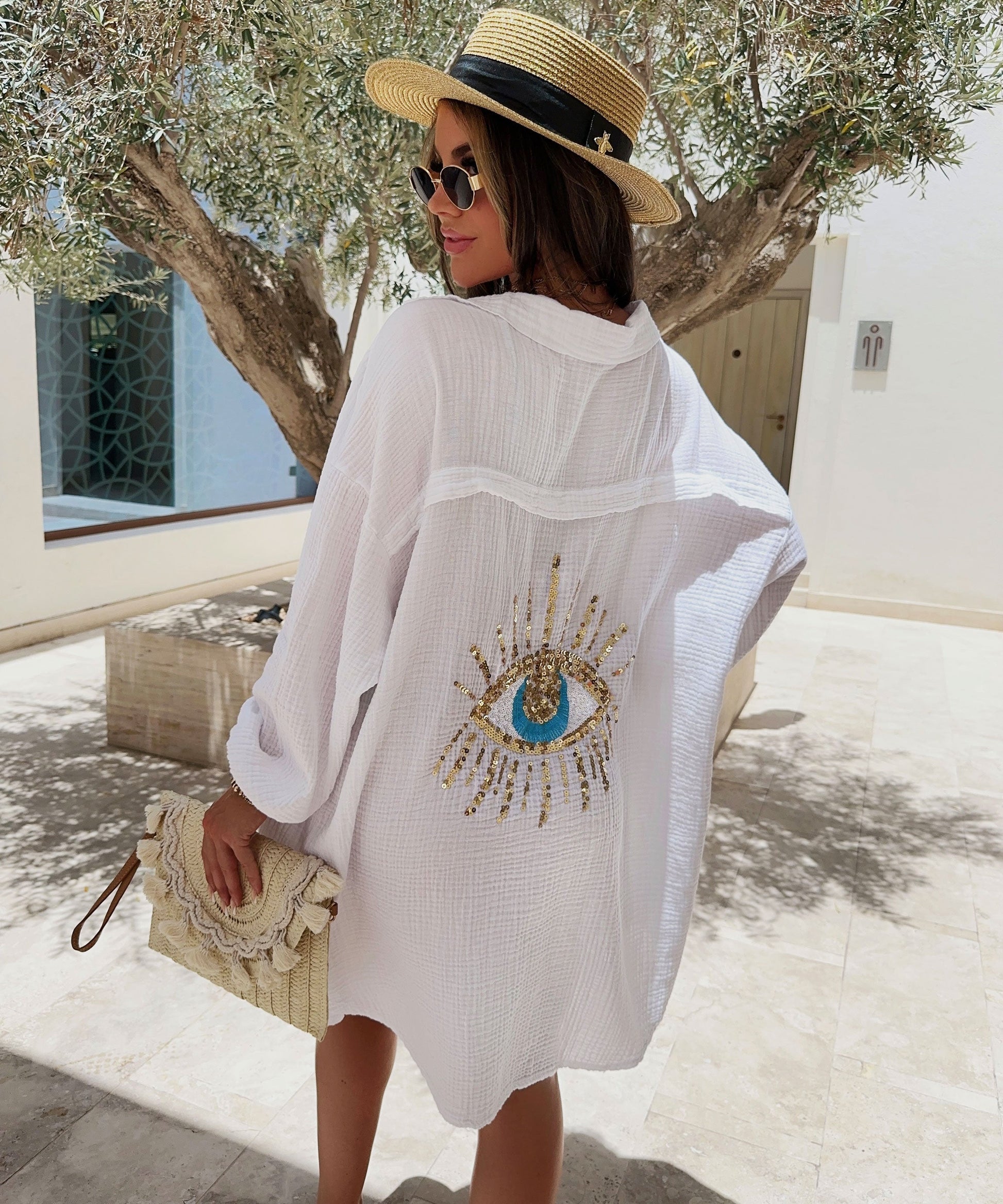Damen Oversize Bluse aus Musselin mit Glitzerdetail Weiß - Norvielle