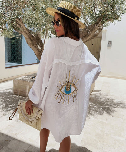 Damen Oversize Bluse aus Musselin mit Glitzerdetail Weiß - Norvielle