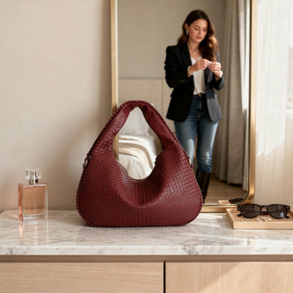 Damen Leder Schultertasche Geflochtene Hobo Bag