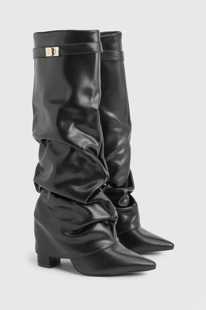 Damen Slouch Boots Faltstiefel Niedriger Absatz