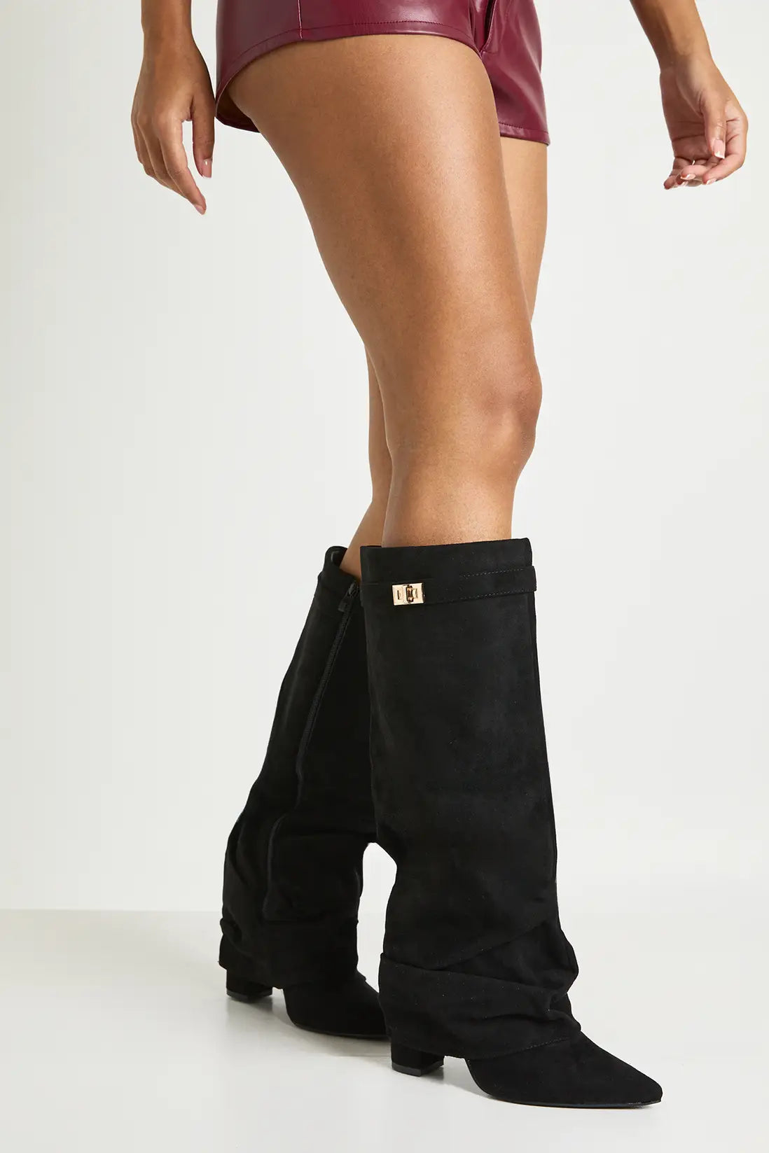 Damen Slouch Boots Faltstiefel Niedriger Absatz