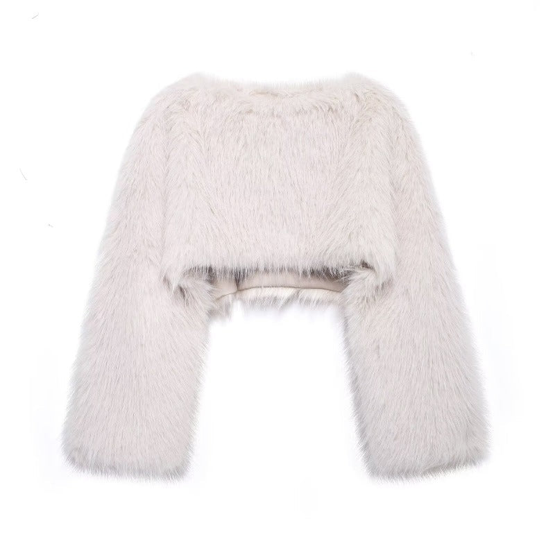 Damen Cropped Pullover Kunstfell Weite Ärmel