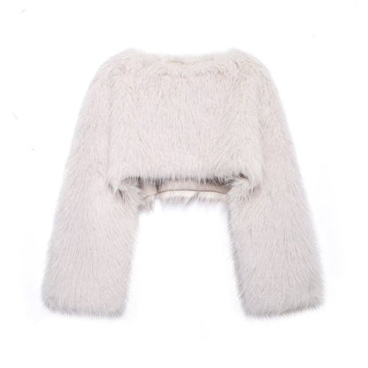 Damen Cropped Pullover Kunstfell Weite Ärmel