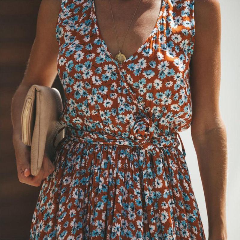 Damen Ärmelloses Maxikleid Blumenprint Baumwolle Elegant