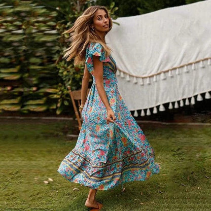 Boho Damen Maxikleid Wickeldesign Hochschlitz