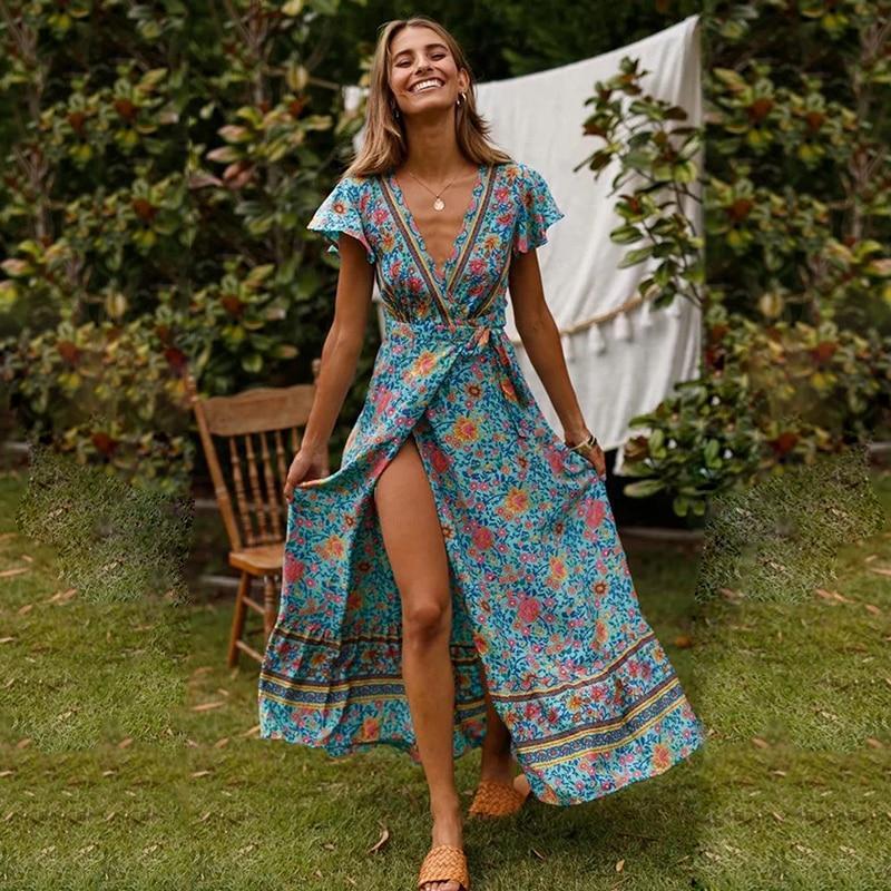 Boho Damen Maxikleid Wickeldesign Hochschlitz - Norvielle