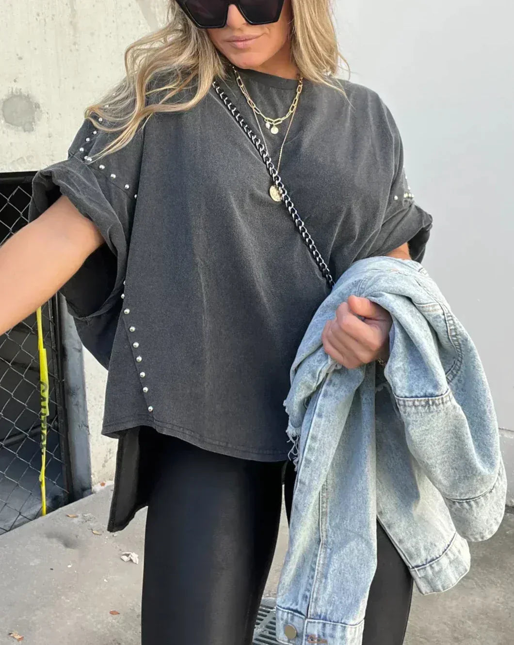 Norvielle Damen Oversized Nieten T-Shirt