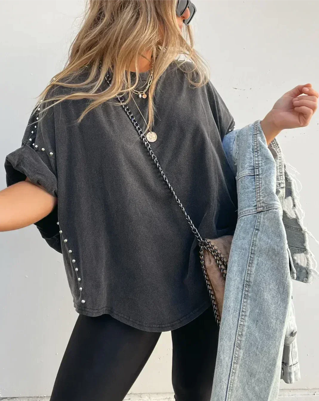Norvielle Damen Oversized Nieten T-Shirt