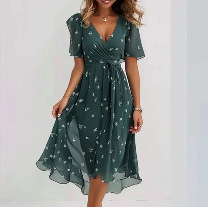 Damen Sommerkleid Midi Kurzarm Blumenmuster