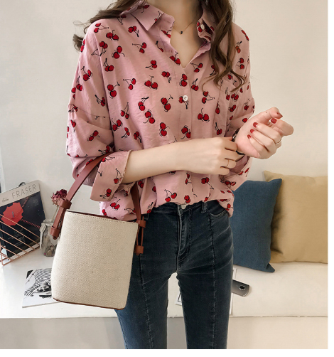 Damenbluse Kirschenprint Baumwolle Rosa - Norvielle