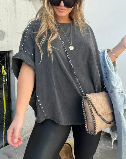 Norvielle Damen Oversized Nieten T-Shirt