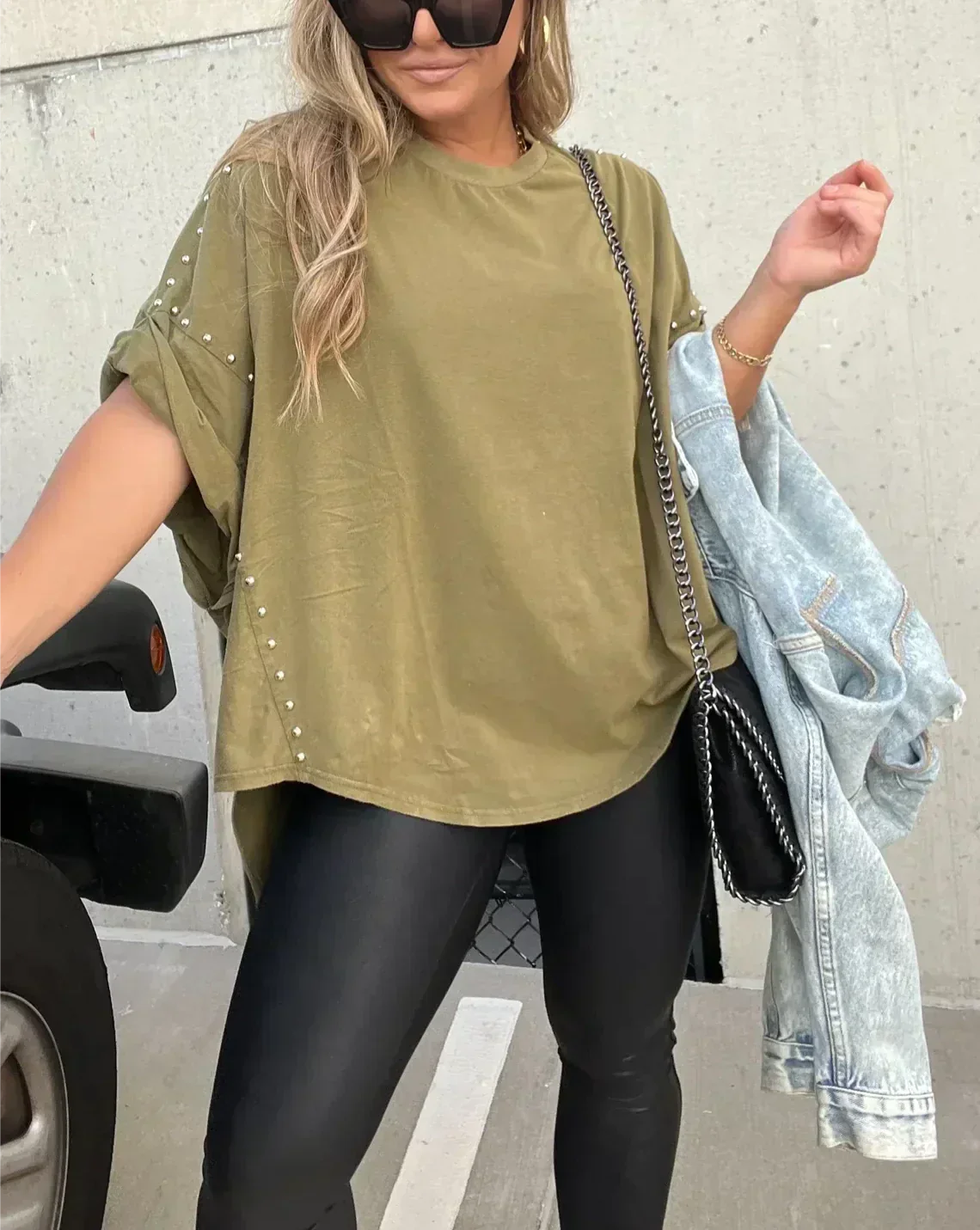 Norvielle Damen Oversized Nieten T-Shirt