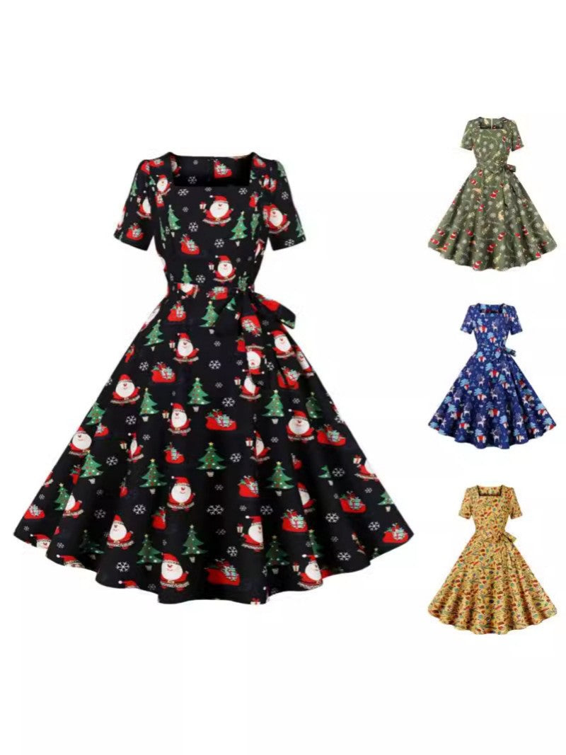 Damen Rockabilly Kleid Florales Karomuster