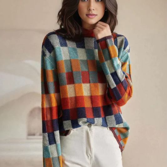 Damen Strickpullover Farbblock Karomuster - Norvielle