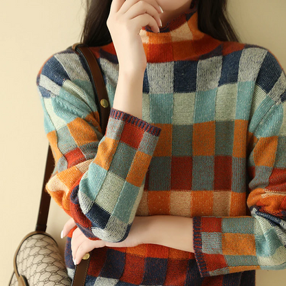 Damen Strickpullover Farbblock Karomuster