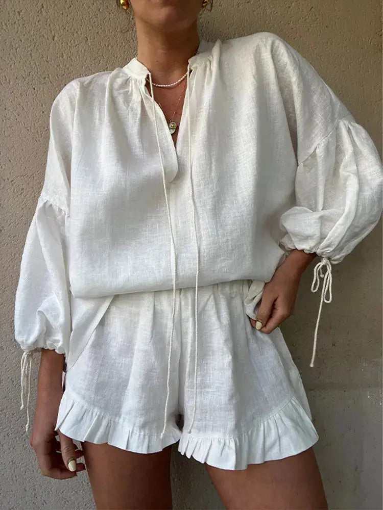 Damen Leinenset Leicht Gerüschter Saum Ballonärmel - Norvielle