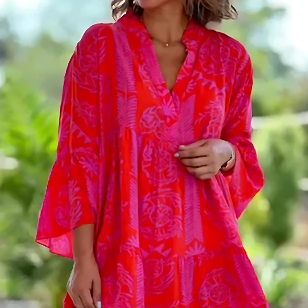 Damen Sommerkleid V-Ausschnitt Weite Ärmel Leicht Blumenmuster