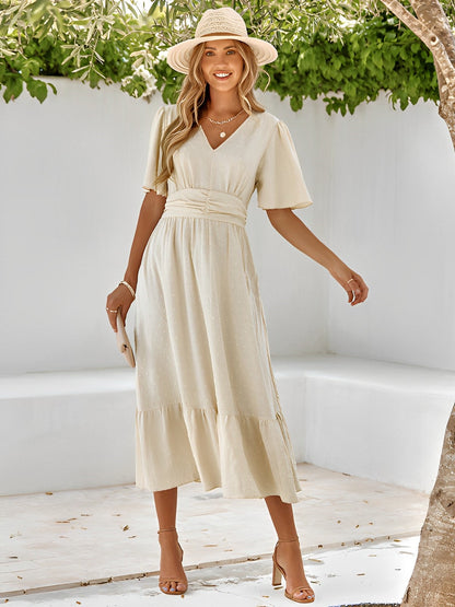 Damen Sommerkleid V-Ausschnitt Rüschen Taillengürtel Elegant Beige