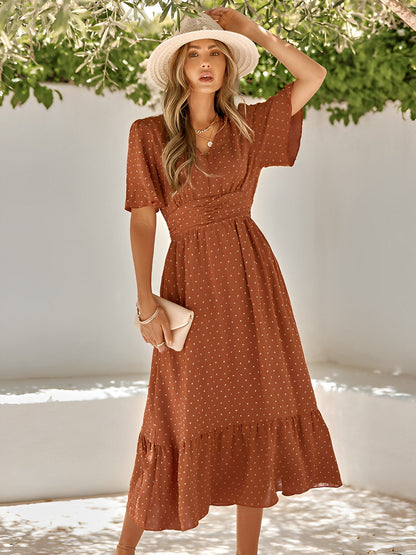 Damen Sommerkleid V-Ausschnitt Rüschen Taillengürtel Elegant Beige