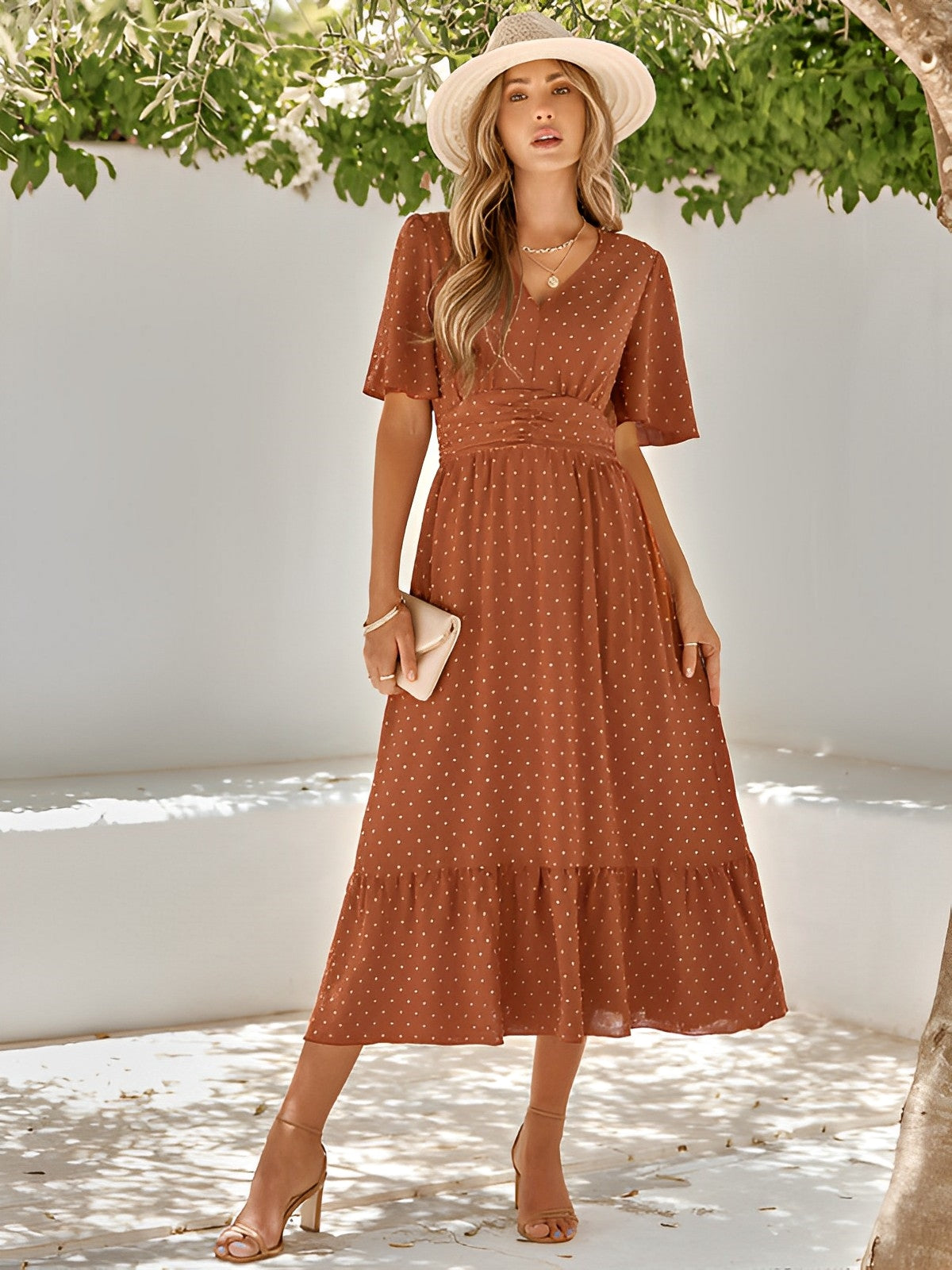 Damen Sommerkleid V-Ausschnitt Rüschen Taillengürtel Elegant Beige