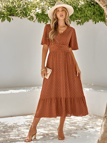 Damen Sommerkleid V-Ausschnitt Rüschen Taillengürtel Elegant Beige