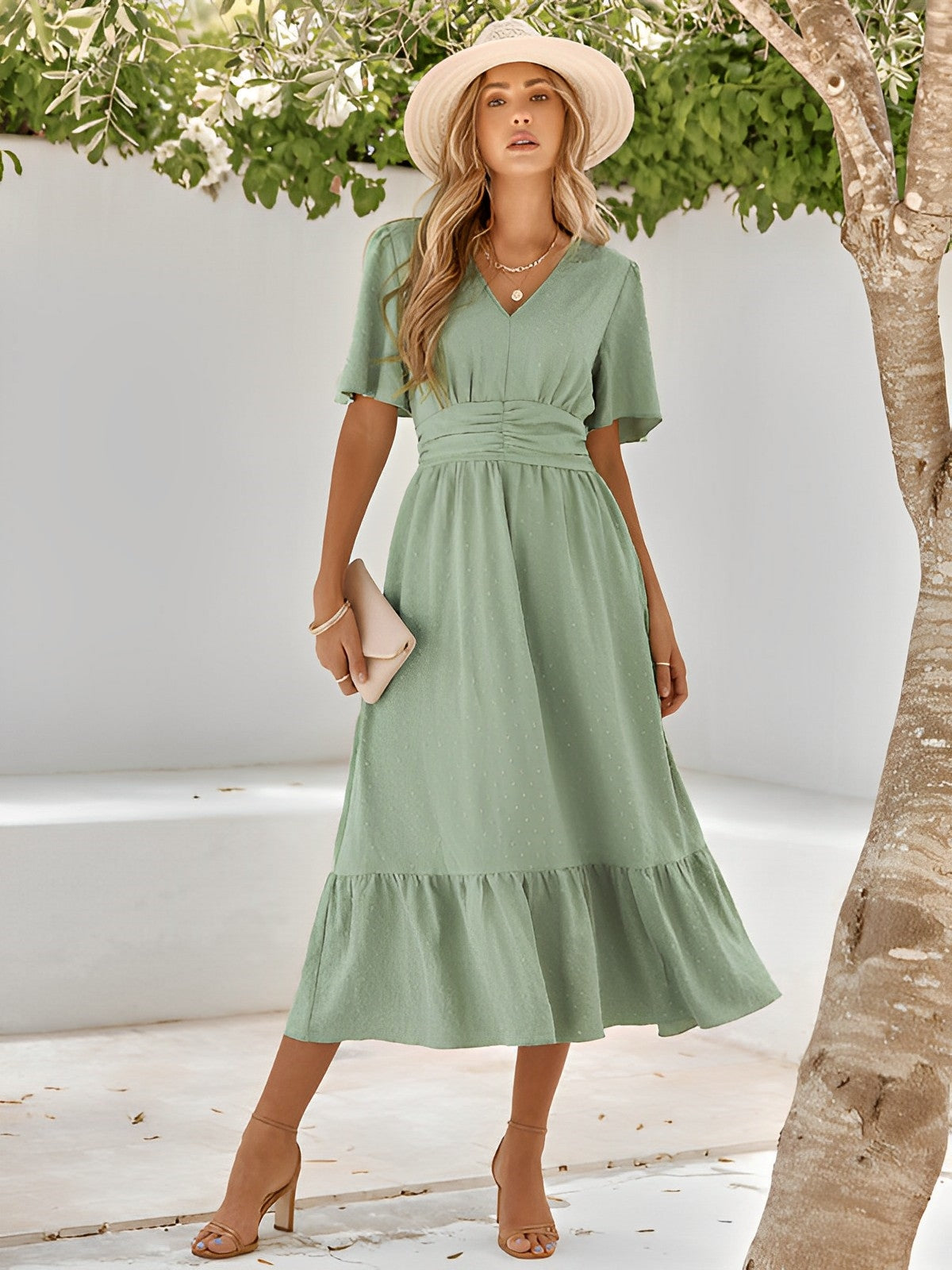 Damen Sommerkleid V-Ausschnitt Rüschen Taillengürtel Elegant Beige