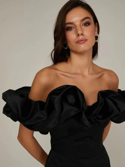 Damen Satin-Kleid Schulterfrei Volant