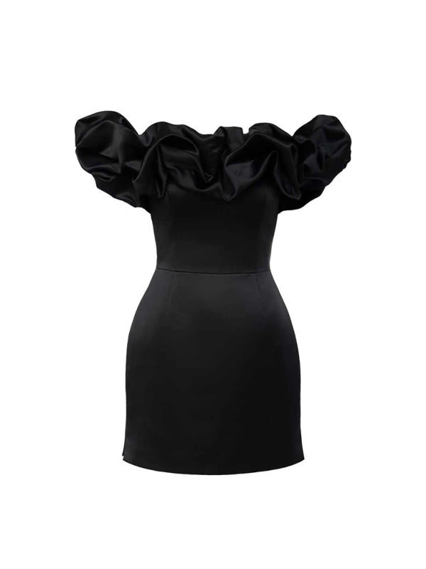 Damen Satin-Kleid Schulterfrei Volant