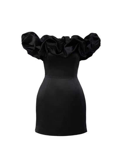 Damen Satin-Kleid Schulterfrei Volant