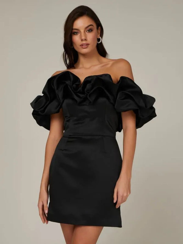 Damen Satin-Kleid Schulterfrei Volant