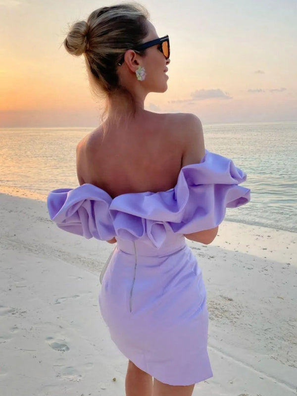 Damen Satin-Kleid Schulterfrei Volant