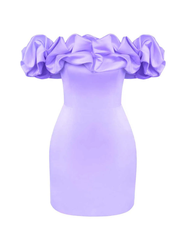 Damen Satin-Kleid Schulterfrei Volant