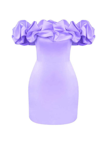 Damen Satin-Kleid Schulterfrei Volant