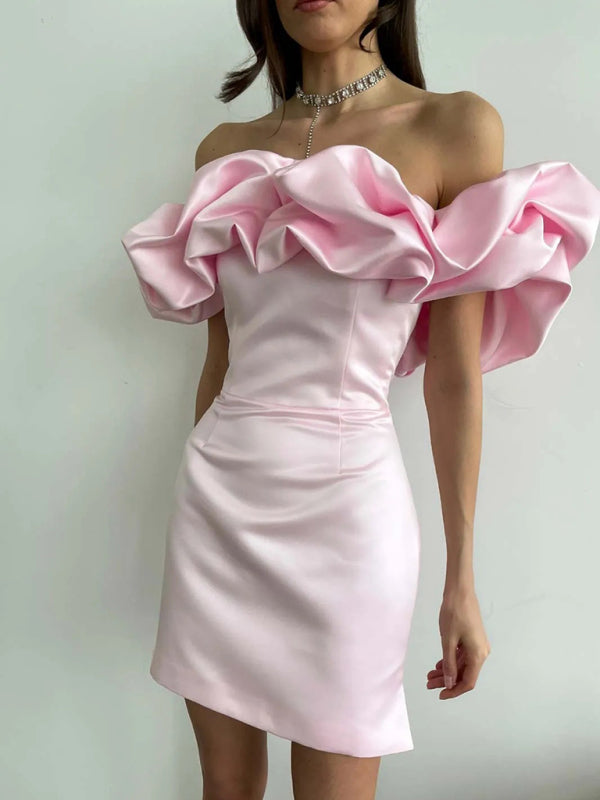 Damen Satin-Kleid Schulterfrei Volant