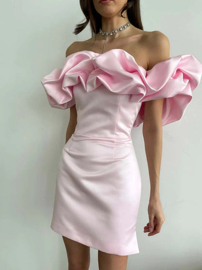 Damen Satin-Kleid Schulterfrei Volant