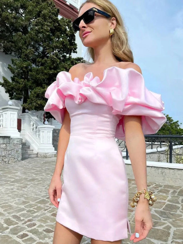 Damen Satin-Kleid Schulterfrei Volant