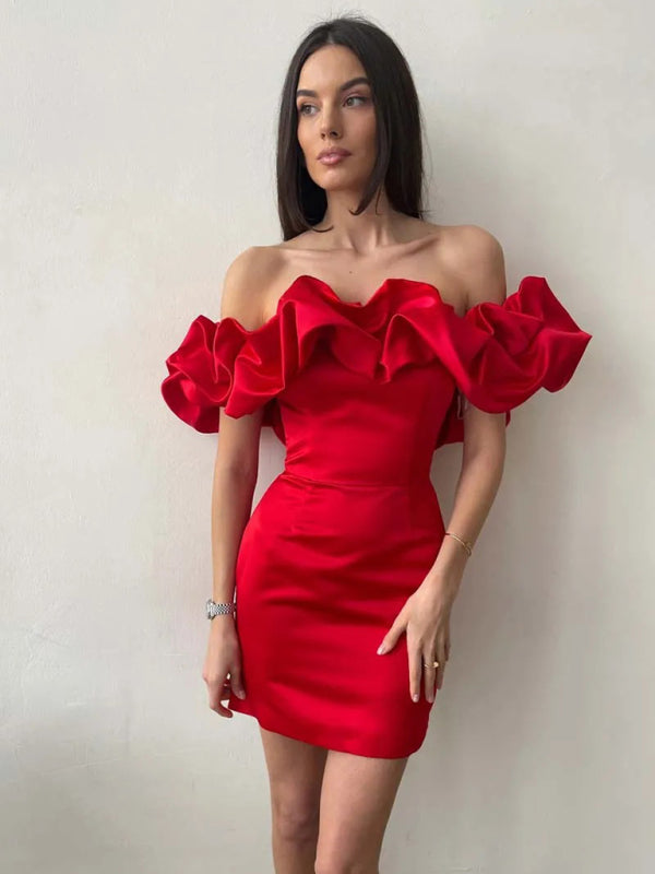 Damen Satin-Kleid Schulterfrei Volant