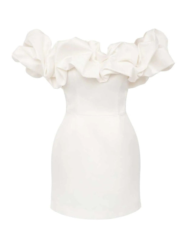 Damen Satin-Kleid Schulterfrei Volant