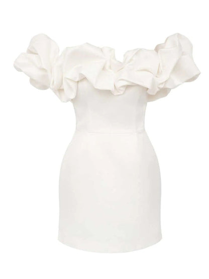Damen Satin-Kleid Schulterfrei Volant